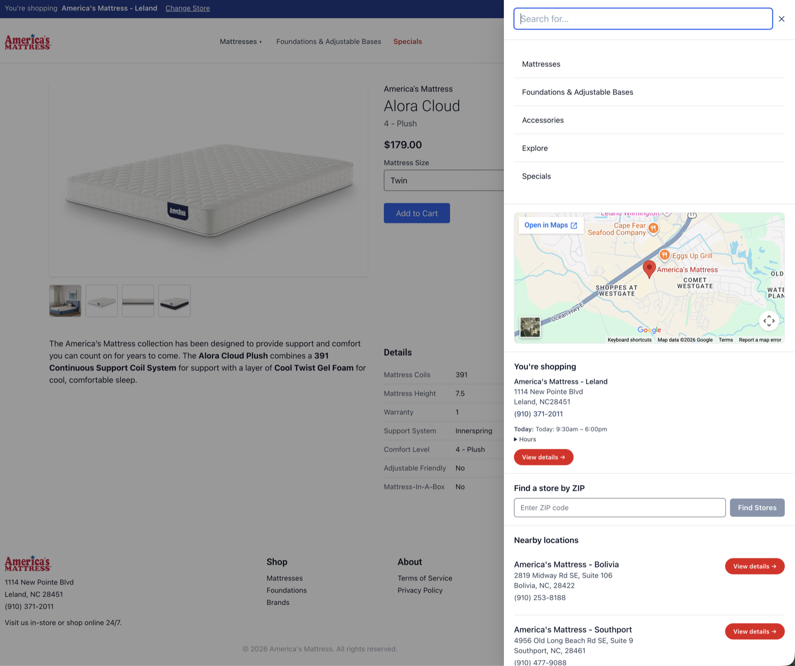 Store locator with Google Maps, hours, and nearby locations.